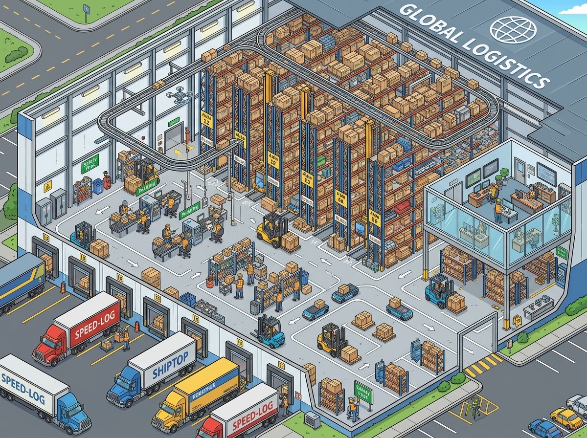 Extra Large warehouse illustration — Automated Enterprise Distribution Hub & Smart Warehouse