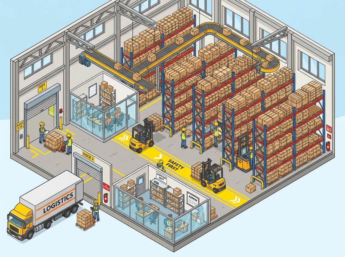 Large warehouse illustration — High-Volume Fulfillment & Distribution Center