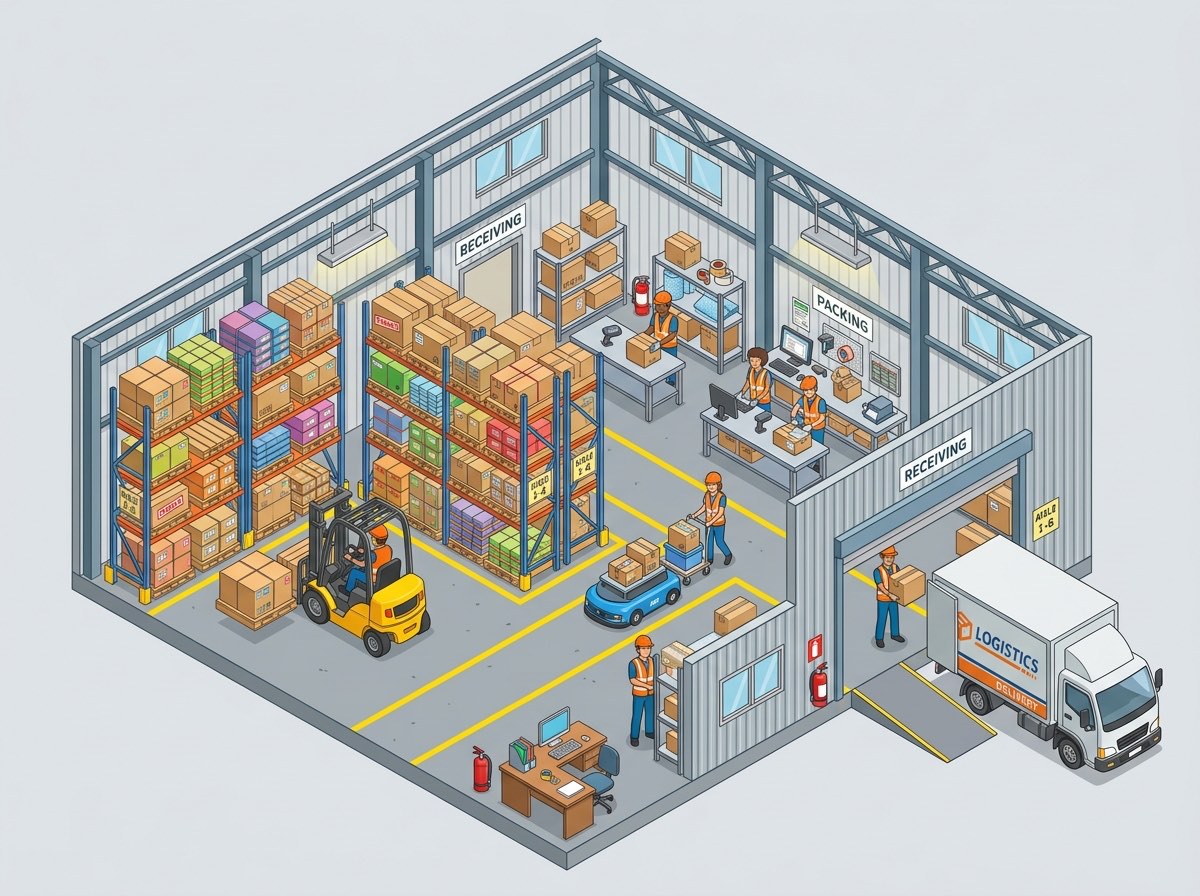 Medium warehouse illustration — Multi-Bay Warehouse & Logistics Hub